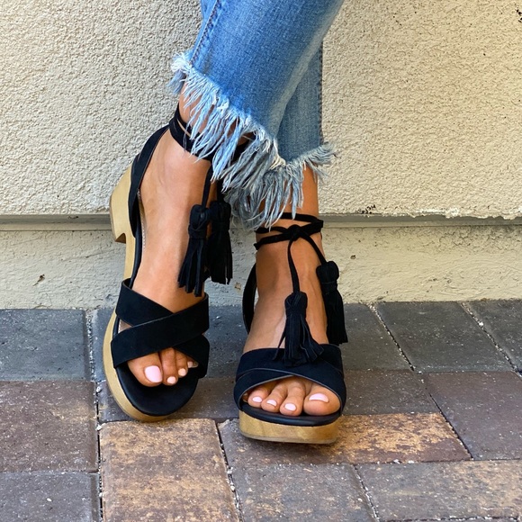 Genuine Leather Ankle Tassel Wrap Wooden Platform - Picture 2 of 9